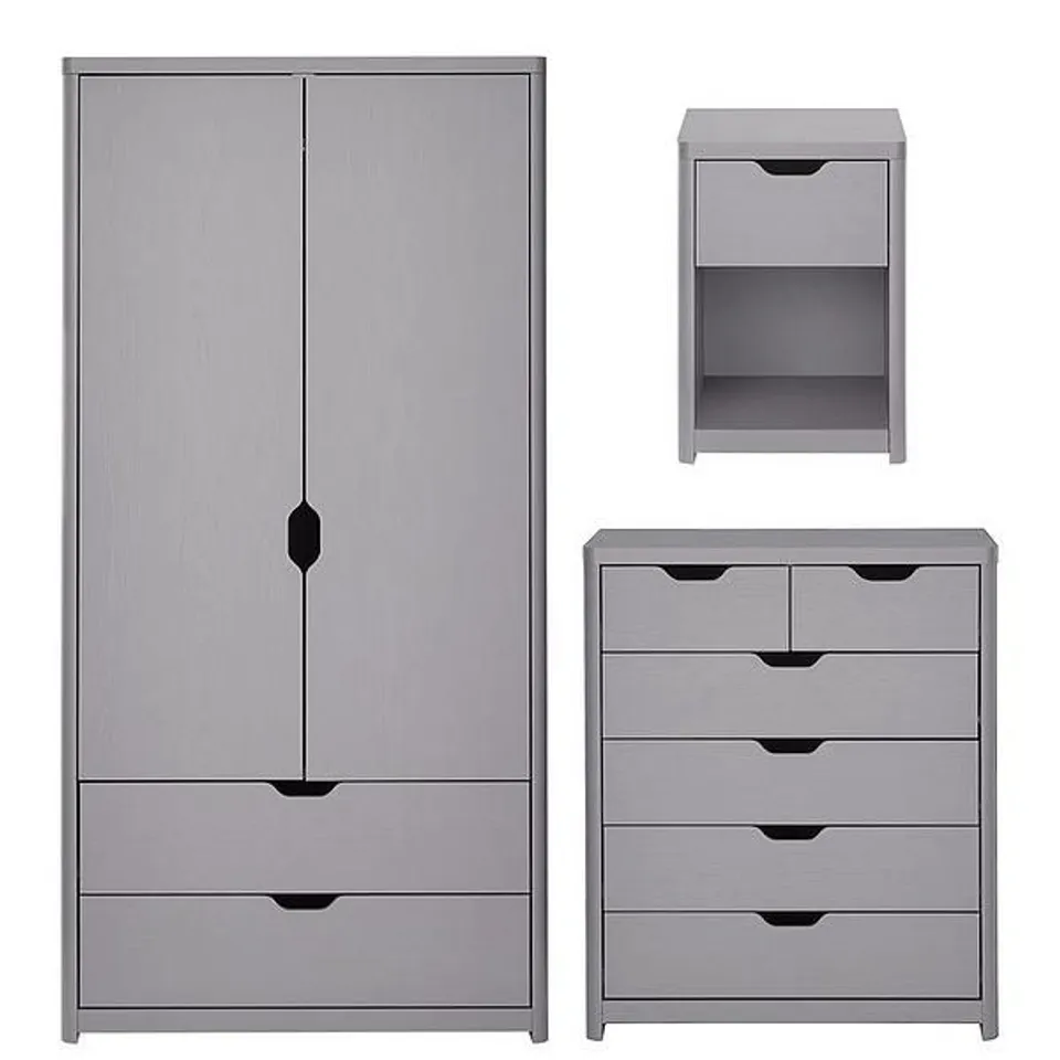 BOXED ASPEN 3 PIECE SET: 2 DOOR, 2 DRAWER WARDROBE, 4 + 2 CHEST AND BEDSIDE TABLE - GREY OAK EFFECT - 3 BOXES