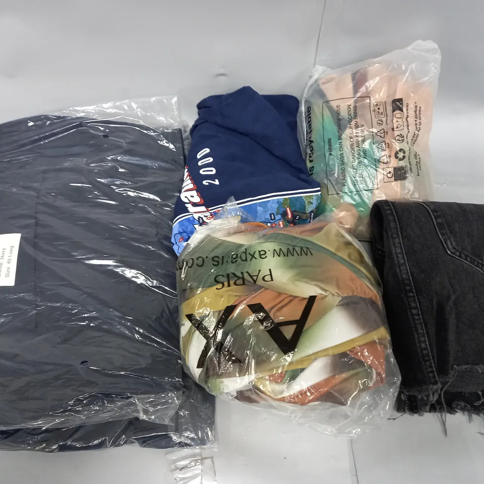 LARGE BOX OF ASSORTED CLOTHING ITEMS IN VARIOUS COLOURS AND SIZES INCLUDING TROUSERS , TOPS AND JUMPERS 
