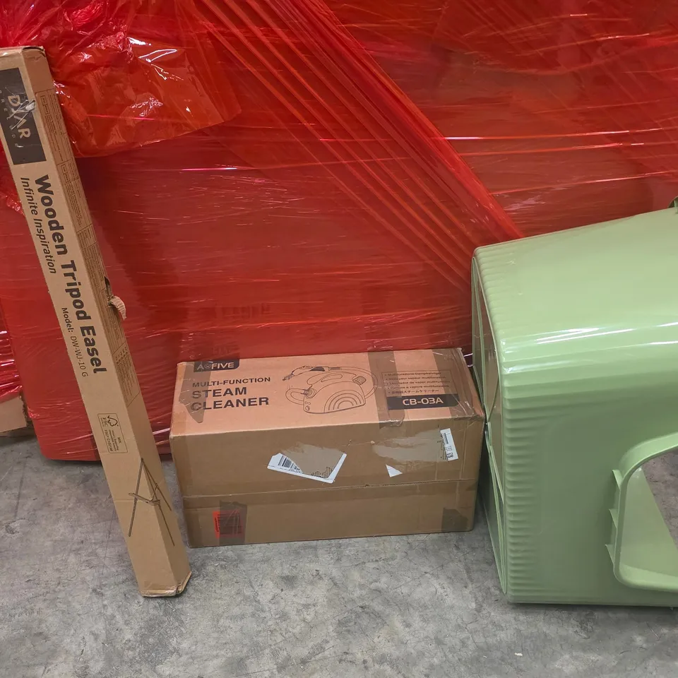 PALLET OF ASSORTED HOUSEHOLD GOODS AND PRODUCTS TO INCLUDE;STEAM CLEANER,TRIPOD,CAT LITTER TRAY