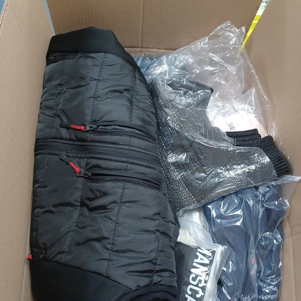 BOX OF APPROX. 25 ASSORTED CLOTHING VARYING IN SIZE/COLOUR/STYLE TO INCLUDE:  TOPS, TROUSERS, JUMPERS
