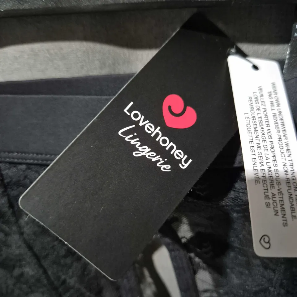 LOVELONEY LINGERIE BLACK LACE OPEN FRONT & BACK BOXER SHORTS, WOMEN, SIZE S/M