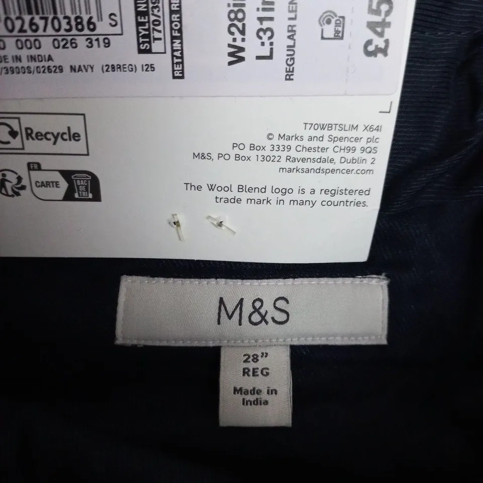 M&S WOOL BLEND TROUSERS – NAVY, UK 28W X L31, SLIM FIT