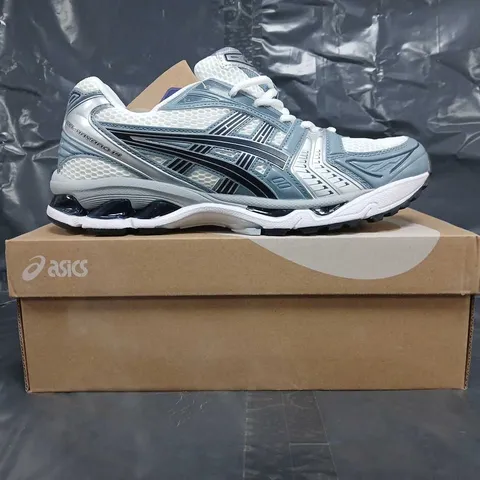 BOXED PAIR OF ASICS GEL-KAYANO 14 TRAINERS IN WHITE/GREY SIZE UK 9