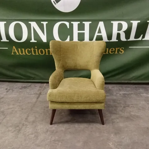 DESIGNER HIGH-BACKED OLIVE FABRIC ACCENT CHAIR