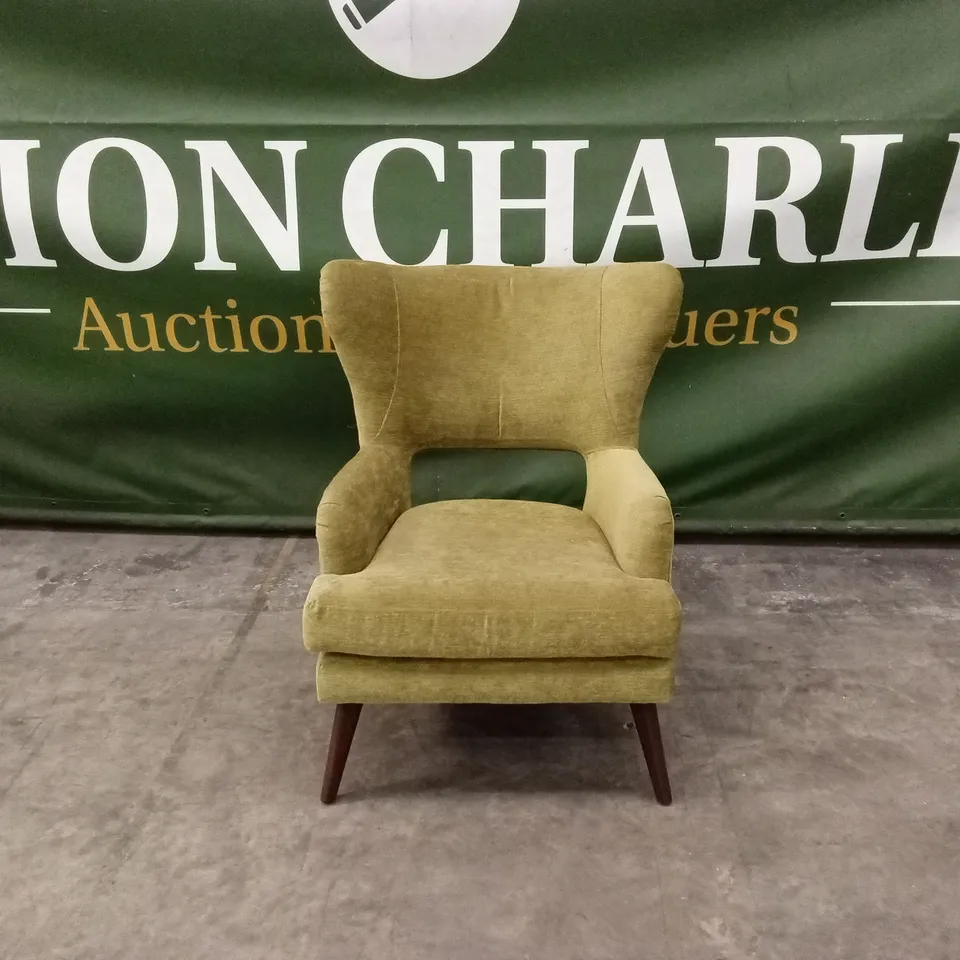DESIGNER HIGH-BACKED OLIVE FABRIC ACCENT CHAIR