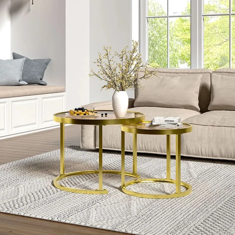 BOXED HENRICKSON GLASS TOP NEST OF TABLES - GOLD COLOURED BASE (1 BOX)