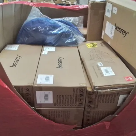 PALLET CONTAINING VARIOUS ASSORTED BOXED HOUSEHOLD ITEMS TO INCLUDE: FISH POND BASE, FIREPIT, KIDS SCOOTERS, BEACH TENTS AND LOTS MORE UNMARKED BOXED ITEMS