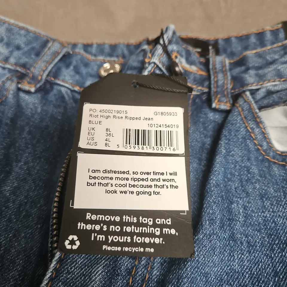 MISSGUIDED RIOT HIGH RISE RIPPED JEANS – BLUE DENIM, UK 8L