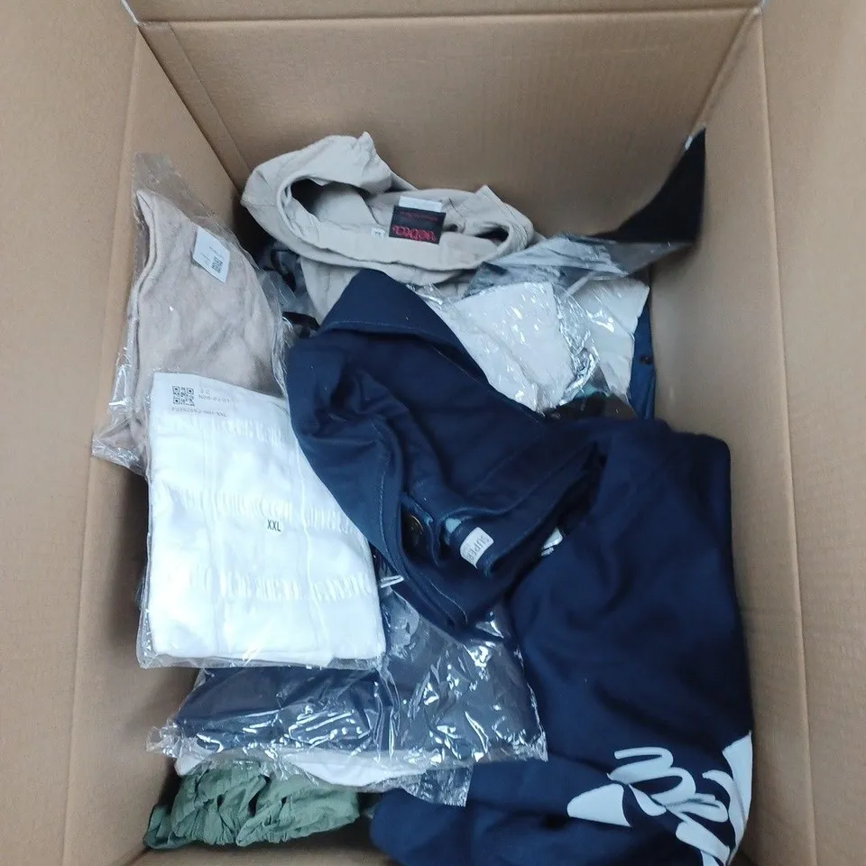 BOX OF APPROXIMATELY 20 ASSORTED CLOTHING ITEMS TO INCLUDE JOGGERS, BRAS, TOPS ETC