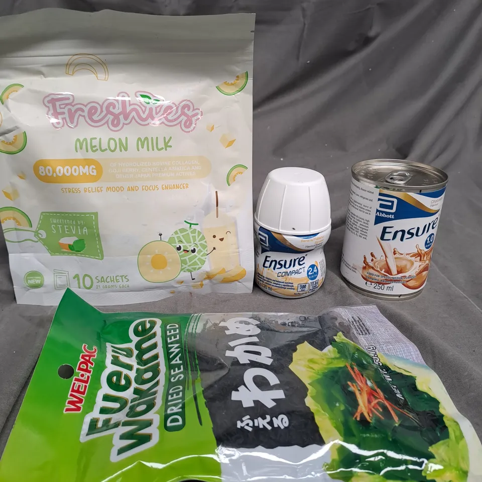 BOX OF APPROXIMATELY 20 ITEMS T INCLUDE MELO MILK, ENSURE, SEA WEED ETC