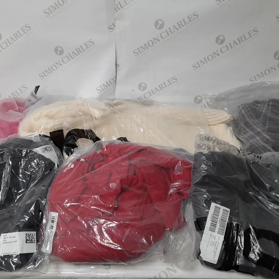 LARGE BOX OF ASSORTED CLOTHING ITEMS IN VARIOUS COLOURS AND SIZES INCLUDING TROUSERS , TOPS AND JUMPERS 