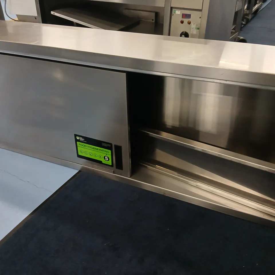 STAINLESS STEEL COMMERCIAL PREP TABLE WITH UNDER-COUNTER STORAGE, STAINLESS STEEL BRACKETS AND CATERING CABINET