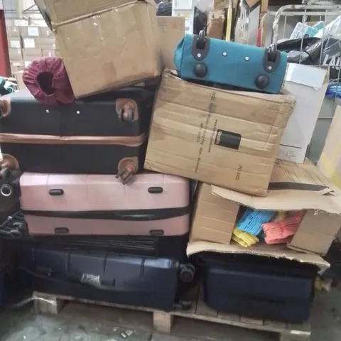 PALLET OF ASSORTED HOUSEHOLD GOODS AND PRODUCTS TO INCLUDE;SUITCASES,DOG CAGES,CAMPING CHAIR,PREMIUM LEAF BLOWER
