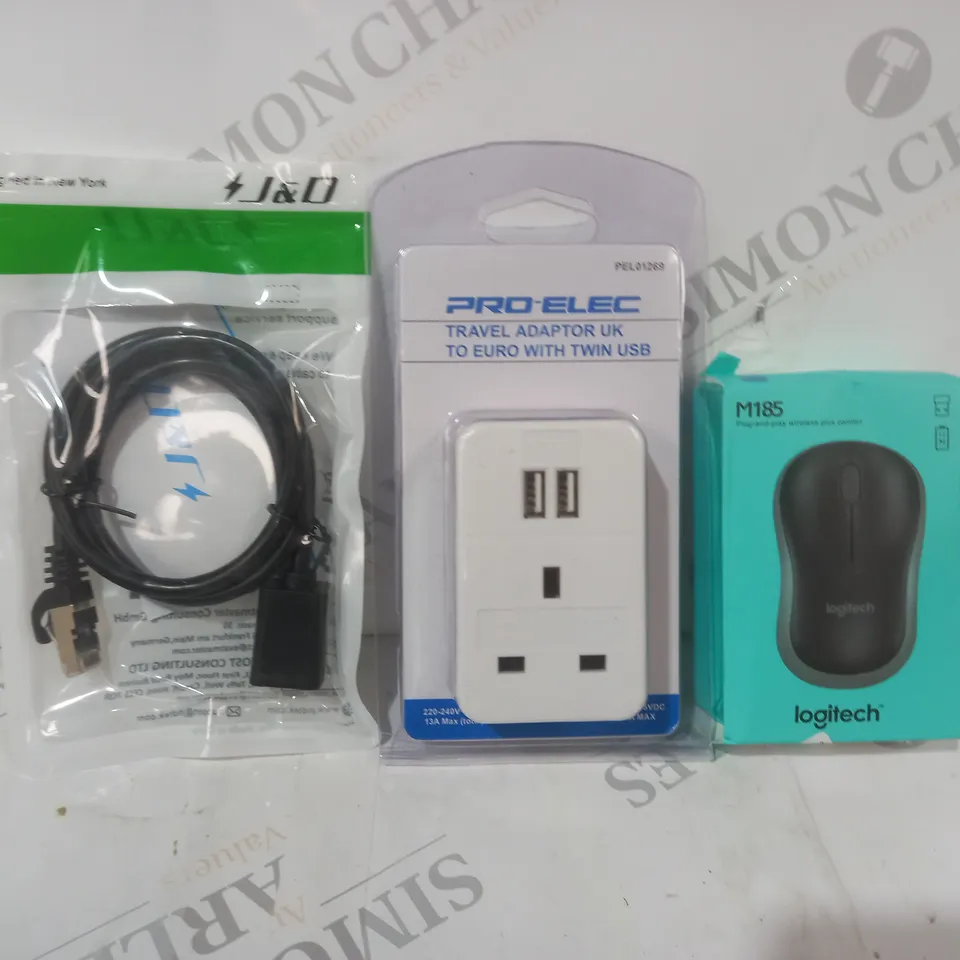 APPROXIMATELY 10 ASSORTED HOUSEHOLD ITEMS TO INCLUDE LOGITECH M185 MOUSE, TRAVEL ADAPTER WITH TWIN USB, ETC