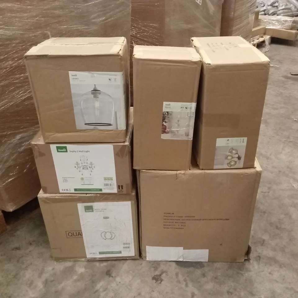 PALLET TO CONTAIN APPROXIMATELY 32 DESIGNER INDOOR LIGHTING PRODUCTS TO INCLUDE; WALL LIGHTS, CEILING LIGHTS, LAMP ETC