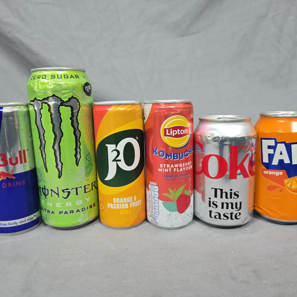 LOT OF 24 ASSORTED DRINKS TO INCLUDE REDBULL, MONSTER AND FANTA