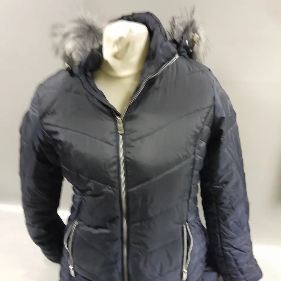 CENTIGRADE ZIPPED COAT WITH FAUX FUR HOOD IN NAVY SIZE S