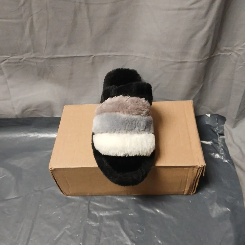 WOMEN'S FAUX FUR STRIPED SLIP-ON SLIPPERS – BLACK WITH CREAM, GREY & BROWN STRAPS. SIZE EU36