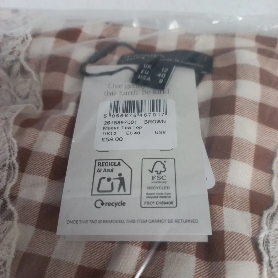 NOBODY'S CHILD MAEVE TEA TOP – BROWN GINGHAM WITH LACE TRIM, UK12 (EU40, US8)