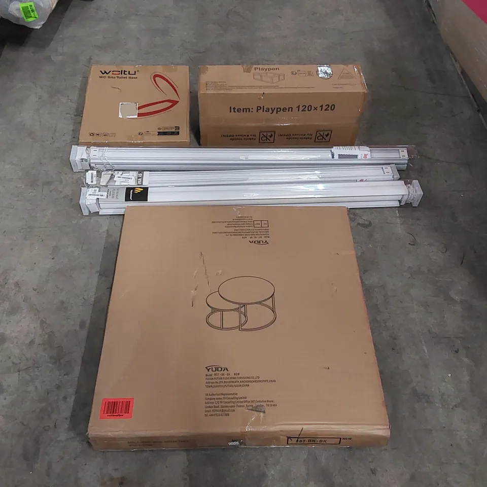 PALLET OF ASSORTED CONSUMER PRODUCTS TO INCLUDE: NEST OF TABLE, ROLLER BLINDS, PLAYPEN, TOILET SEAT ECT
