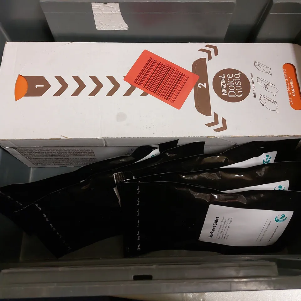 BOX OF APPROX 5 ITEMS TO INCLUDE TAYLORS OF HARROGATE GROUND COFFEE, HARRODS HOT CHOCOLATE AND BULK PROTEIN BALLS