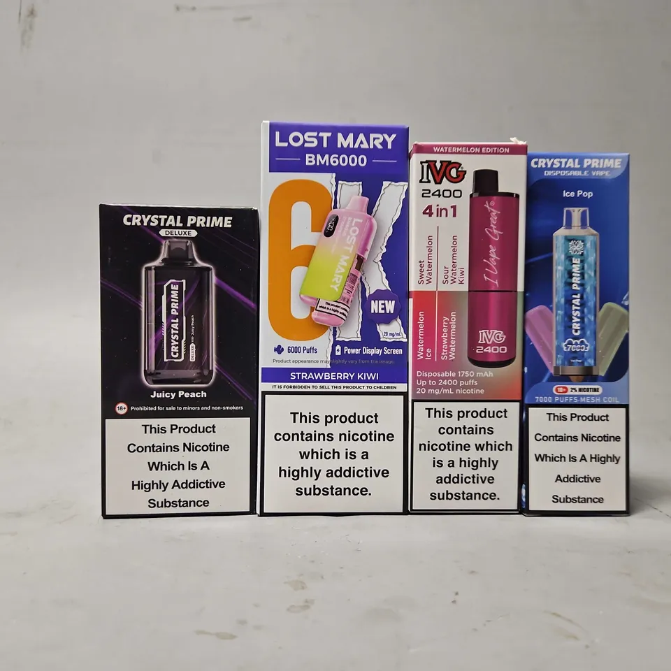 APPROXIMATELY 18 ASSORTED E-CIGARETTE PRODUCTS TO INCLUDE - LOST MARY , CRYSTAL PRIME , IVG