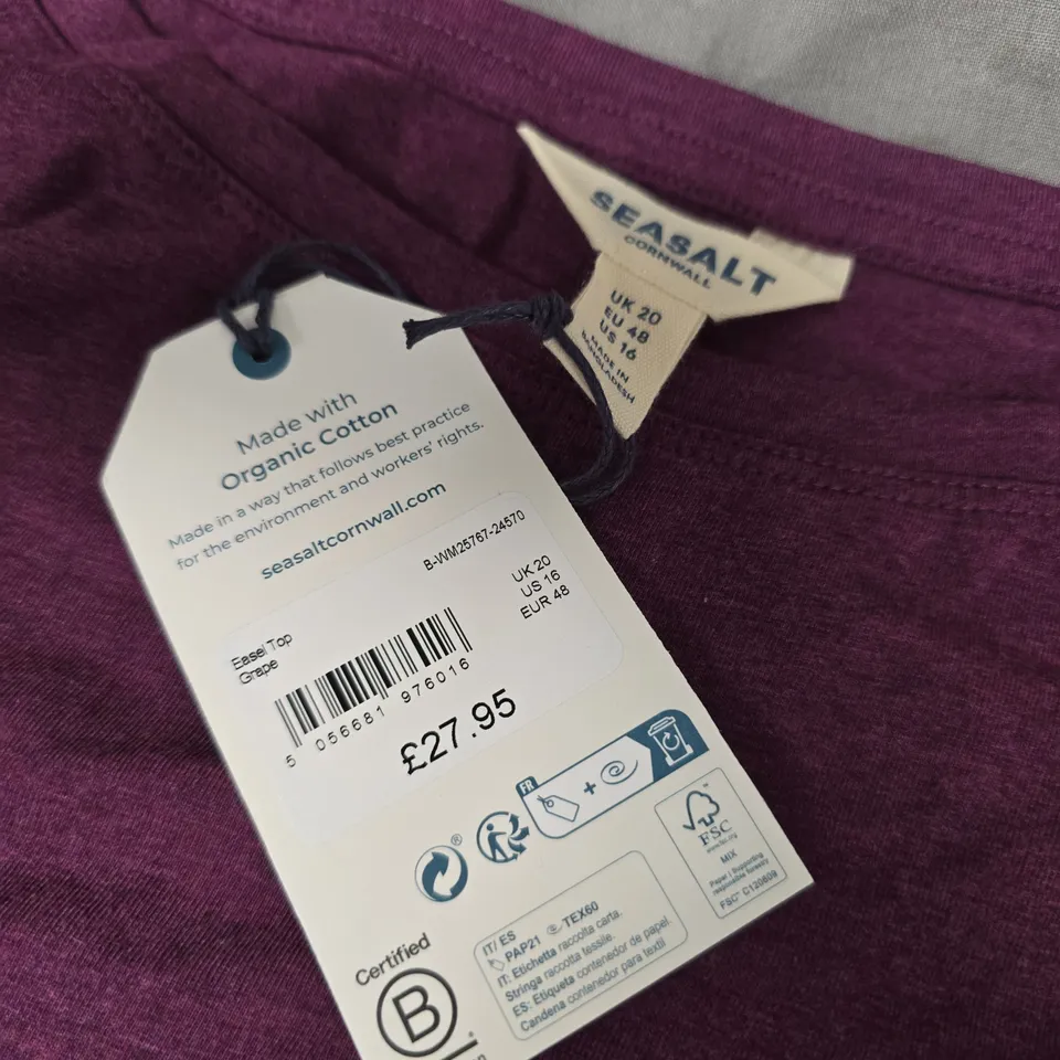 SEASALT CORNWALL WOMEN'S EASE TOP – PURPLE, UK 20, ORGANIC COTTON