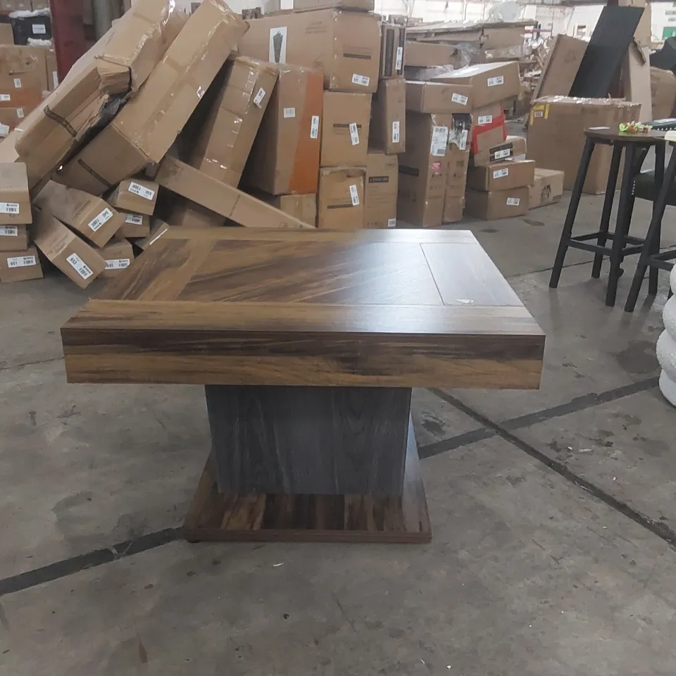 TRIBESIGNS SQUARE COFFEE TABLE WITH A RUSTIC BROWN TOP AND A DARK GRAY V-SHAPED BASE