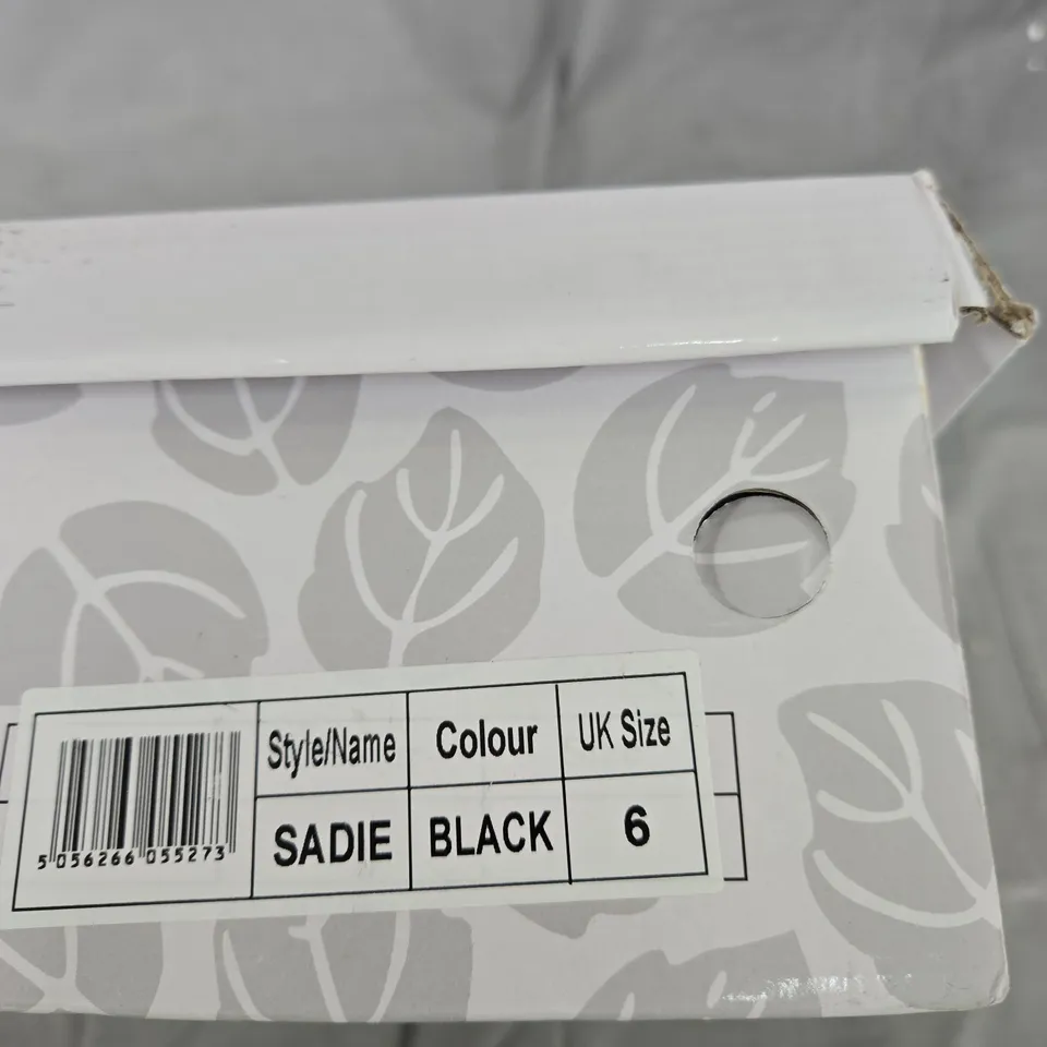 SADIE BLACK SUEDE ANKLE BOOTS WITH PATENT TOE CAP – UK 6