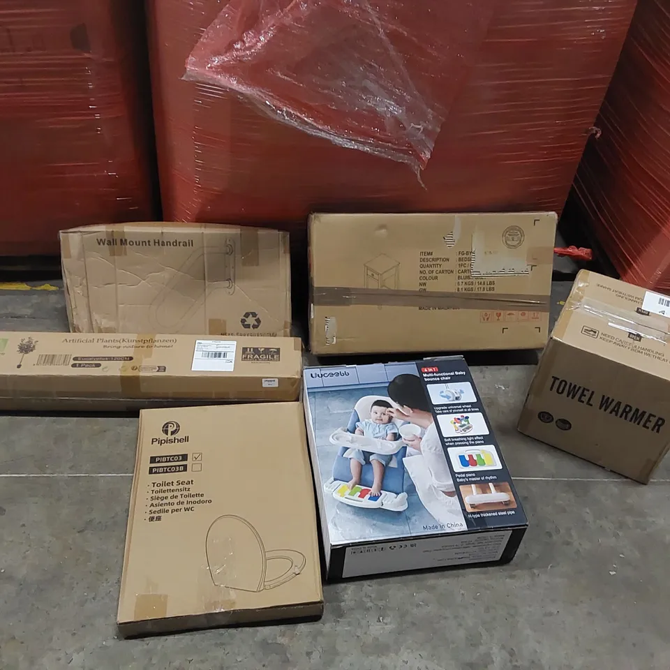 PALLET OF ASSORTED ITEMS INCLUDING: BEDSIDE TABLE, TOWEL WARMER, BABY BOUNCE CHAIR, TOILET SEAT, ARTIFICIAL PLANT, WALL MOUNT HANDRAIL ECT