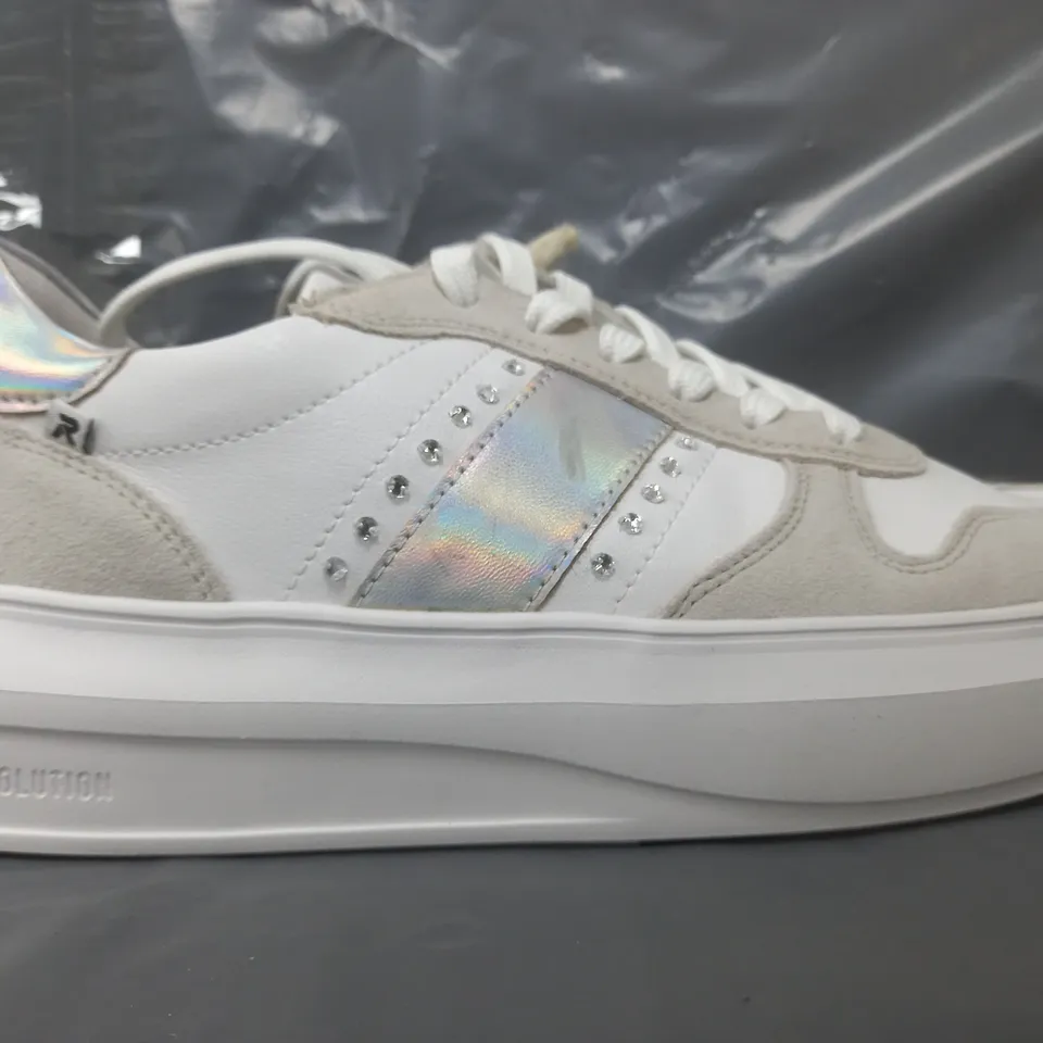 BOXED PAIR OF RIEKER PLATFORM TRAINERS IN WHITE SIZE 8