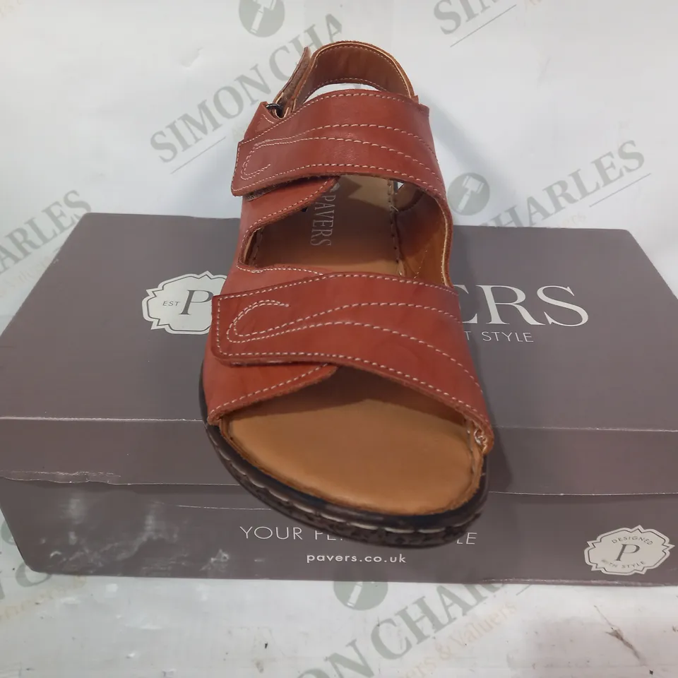 BOXED PAIR OF PAVERS OPEN TOE VELCRO STRAP LOW WEDEGE HEEL SANDALS IN BURNT SIENNA COLOUR SIZE 7