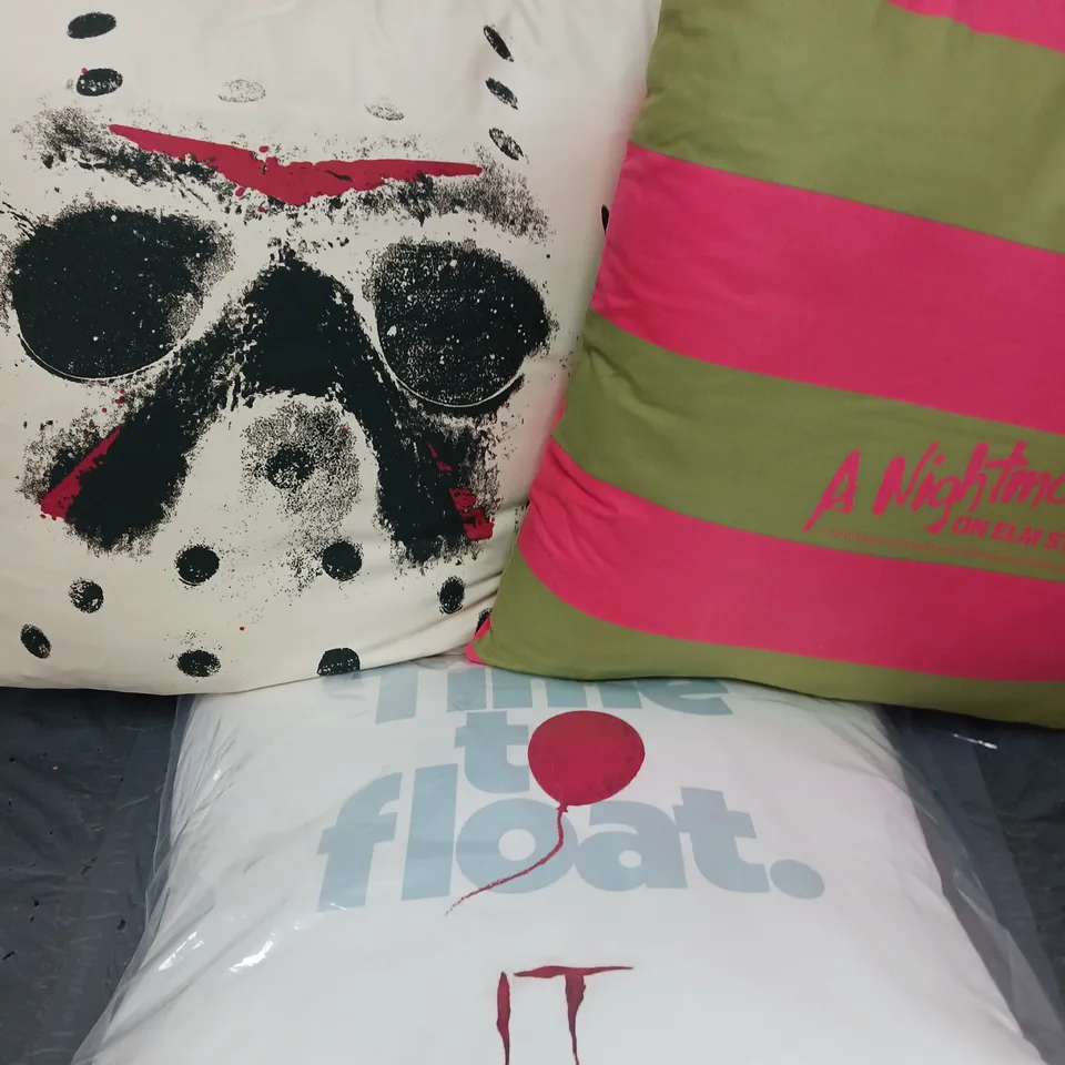 3 HORROR FILM THEMED CUSHIONS TO INCLUDE FRIDAY THE 13TH, IT, NIGHTMARE ON ELM STREET, ETC