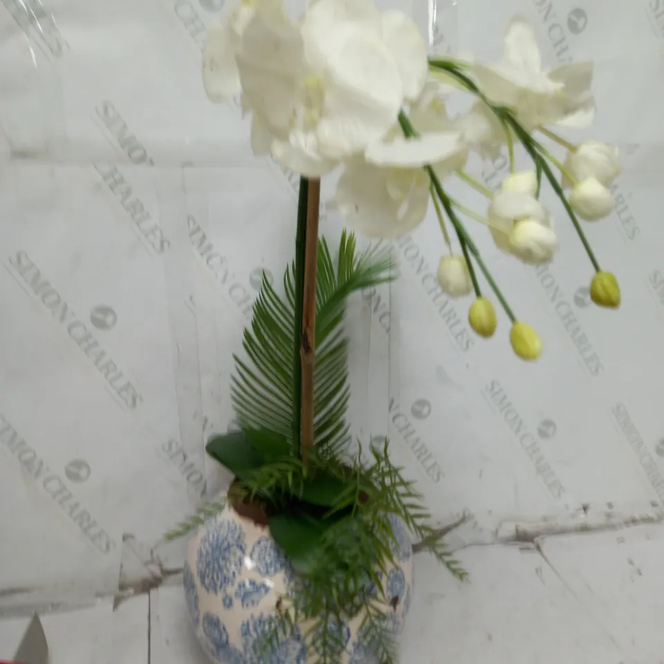 PEONY POTTED FAUX PHALAENOPSIS ORCHID IN A BLUE & WHITE PATTERNED BOWL