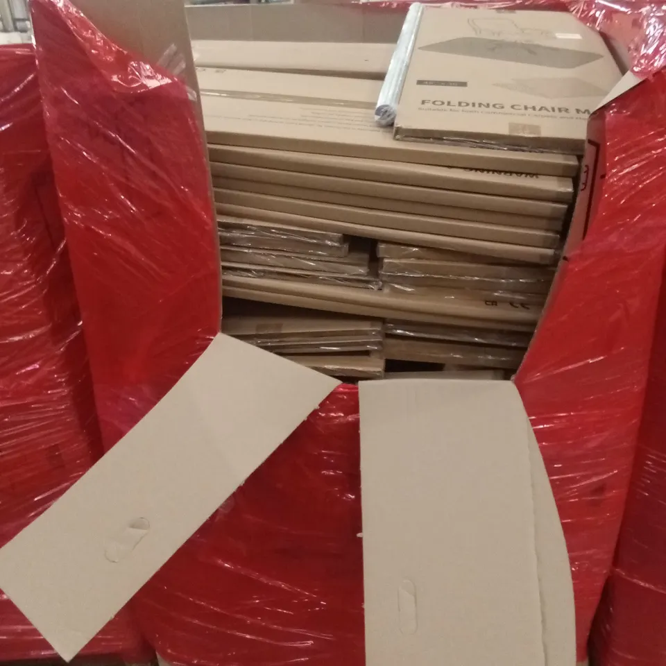 PALLET OF ASSORTED HOUSEHOLD GOODS AND PRODUCTS TO INCLUDE; FOLDING CHAIR MATS ETC