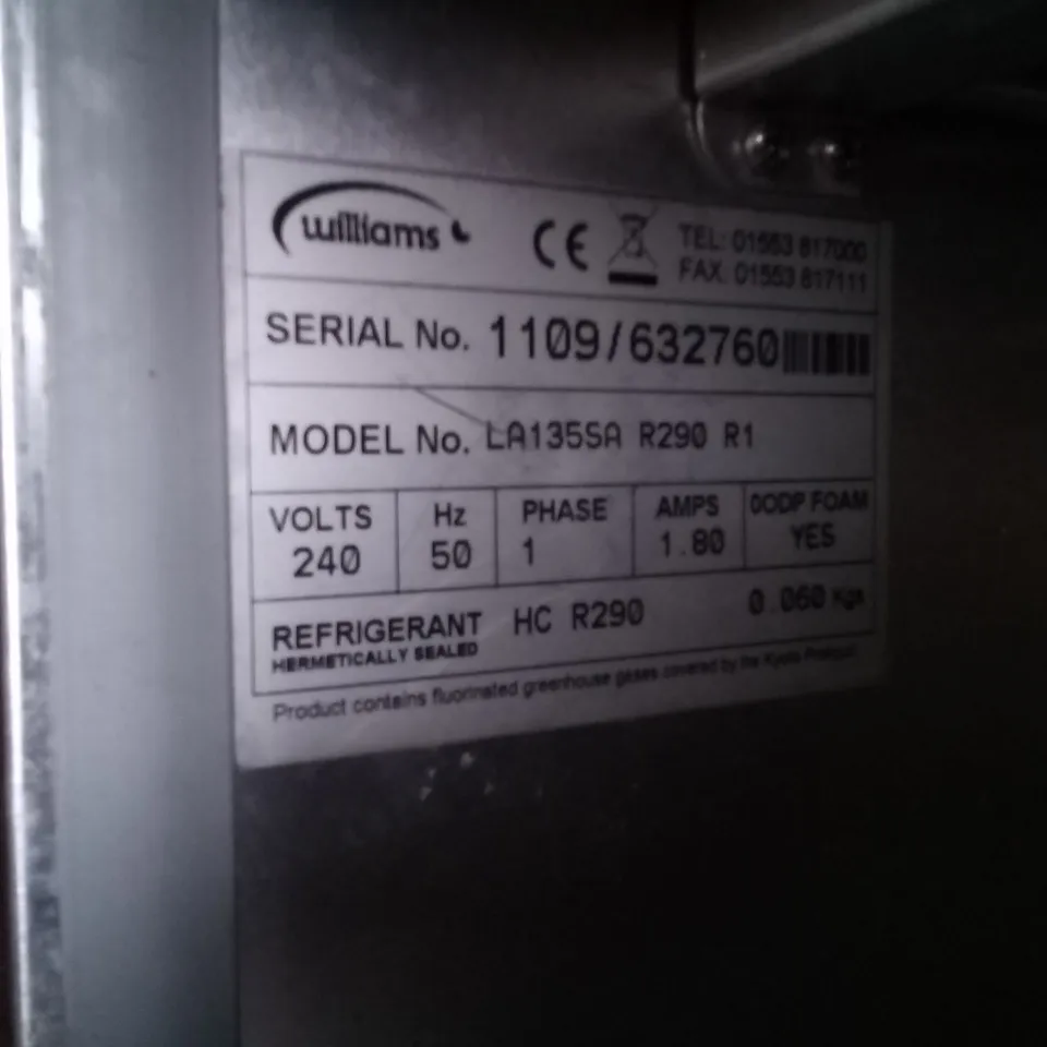 WILLIAMS LA135SA R290 R1 AMBER COMMERCIAL UNDER COUNTER FREEZER