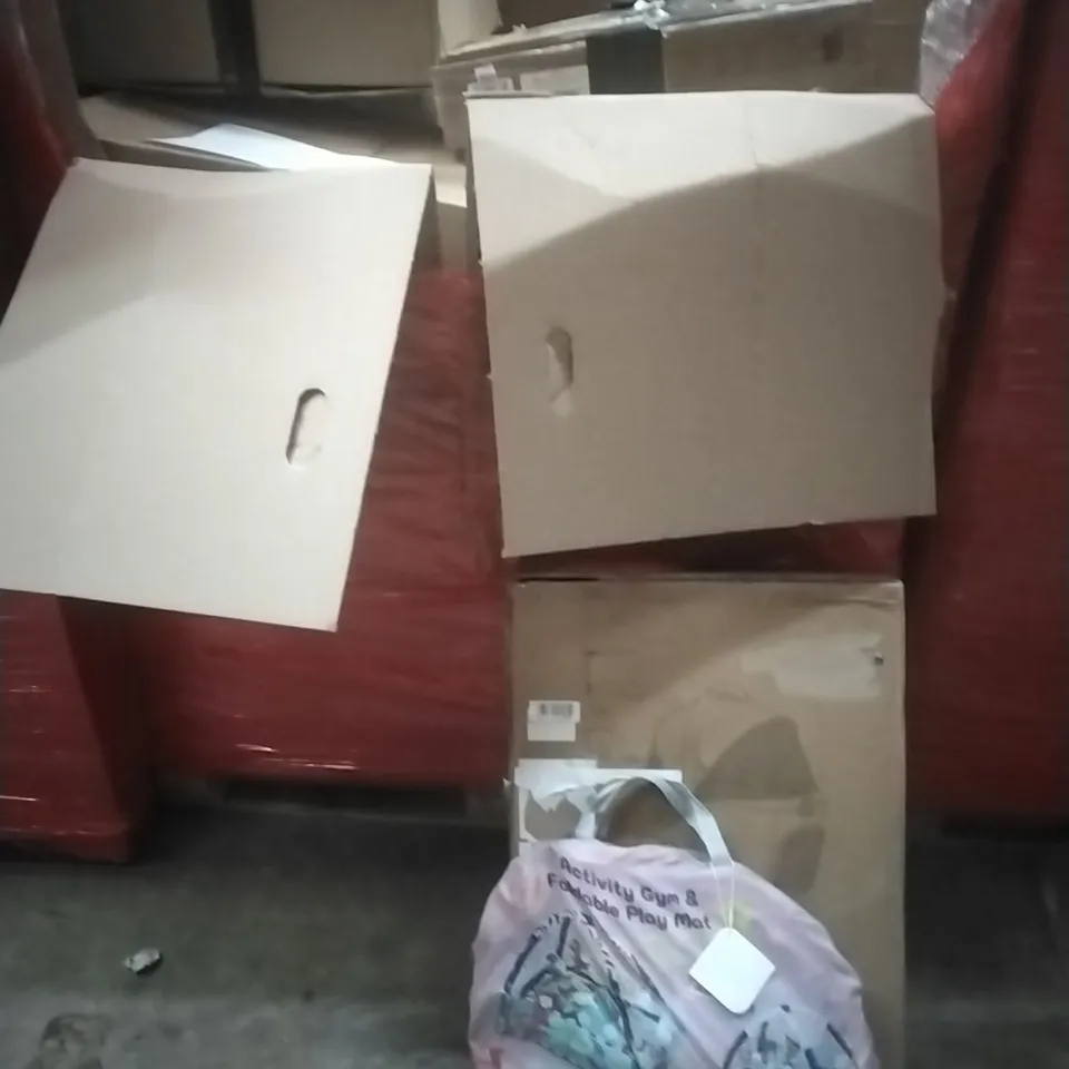 PALLET OF ASSORTED HOUSEHOLD GOODS AND PRODUCTS TO INCLUDE; DOG PRAM, FOLDABLE PLAY MAT, BOXED FURNITURE ETC
