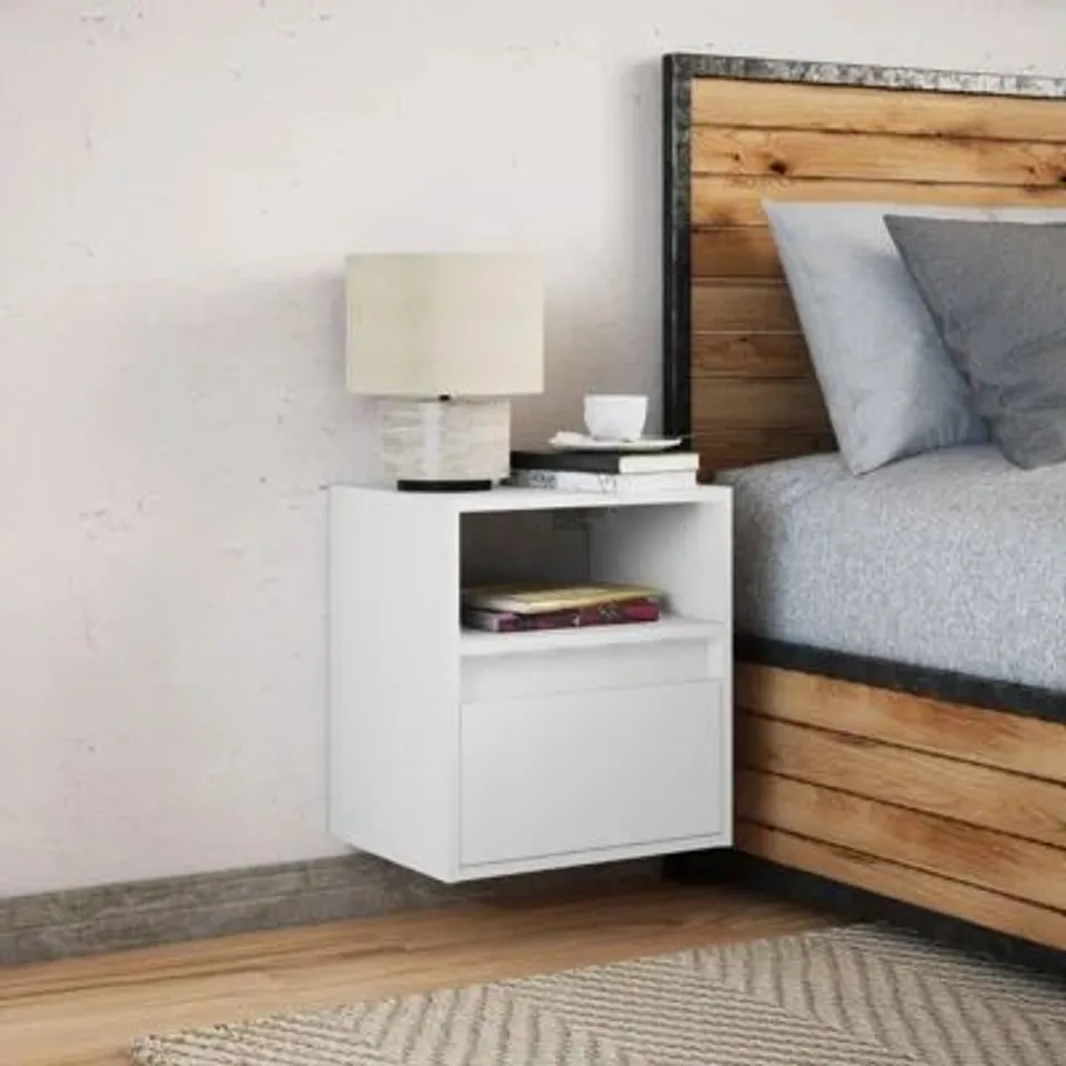 BOXED WALL-MOUNTED BEDSIDE TABLES WITH LED LIGHTS (SET OF 2) (1 BOX)