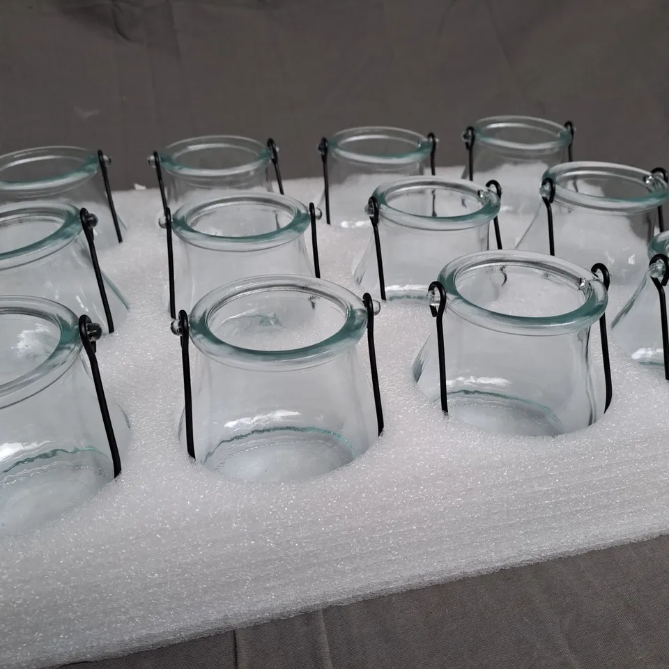 SET OF 12 GLASS BLACK HANDLE CANDLE LANTERN HOLDERS 