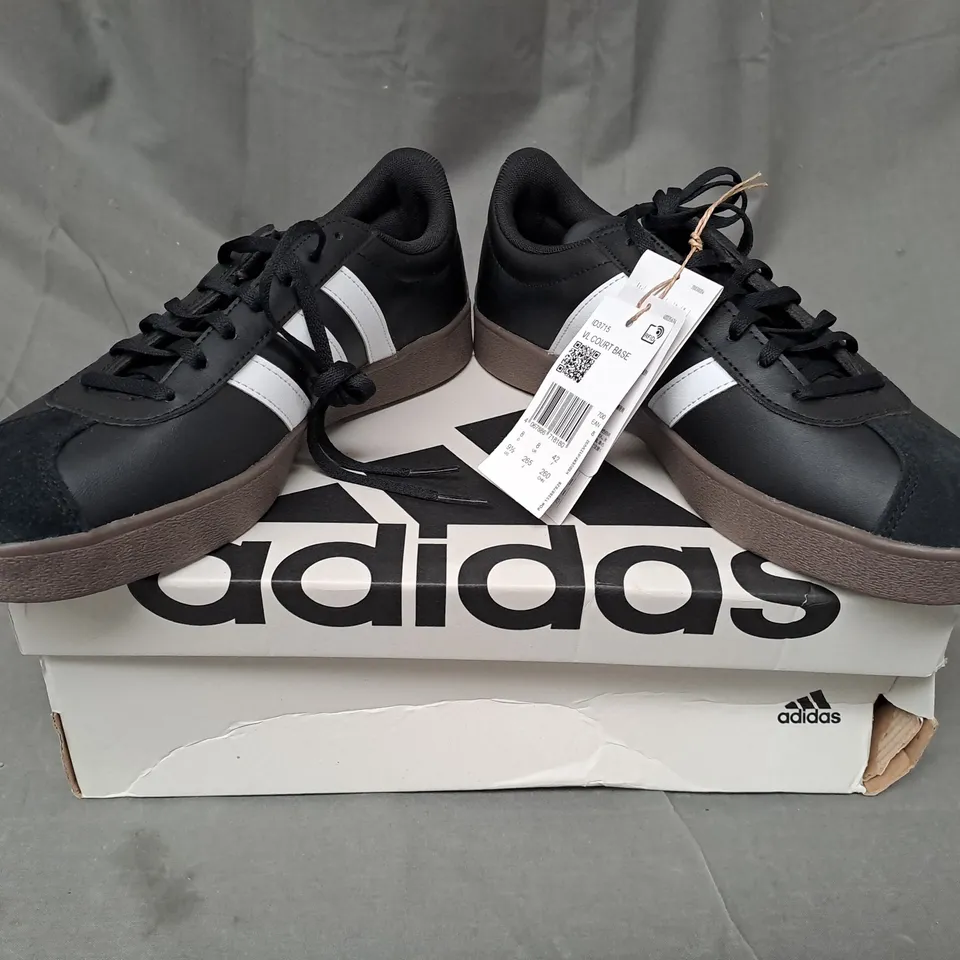 BOXED PAIR OF ADIDAS VL COURT BASE SHOES IN BLACK/WHITE UK SIZE 8