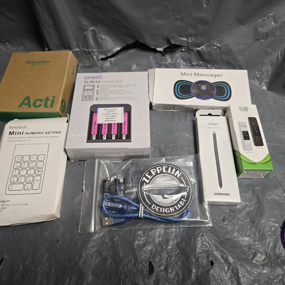 TWELVE ASSORTED PRODUCTS TO INCLUDE; MINI MASSAGER, EFEST SLIM 4K CHARGER, S PEN AND MINI NUMERIC KEYBOARD