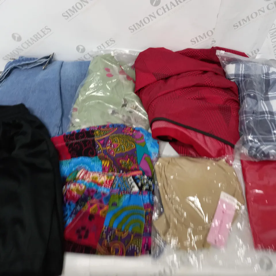 BOX OF APPROXIMATELY 20 ASSORTED CLOTHING PRODUCTS TO INCLUDE DRESSES, JACKETS, T-SHIRTS ETC 