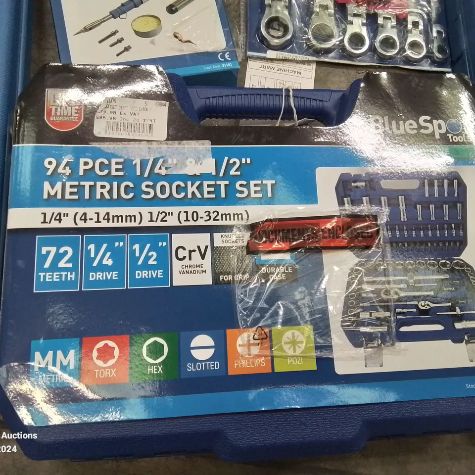 BOX CONTAINING MIXED TOOLS TO INCLUDE: BLUESPOT 94 PIECE SOCKET SET, SOLDERING TERMINAL SET, RATCHET SPANNER SET, X2 DEEP IMPACT SOCKET SETS