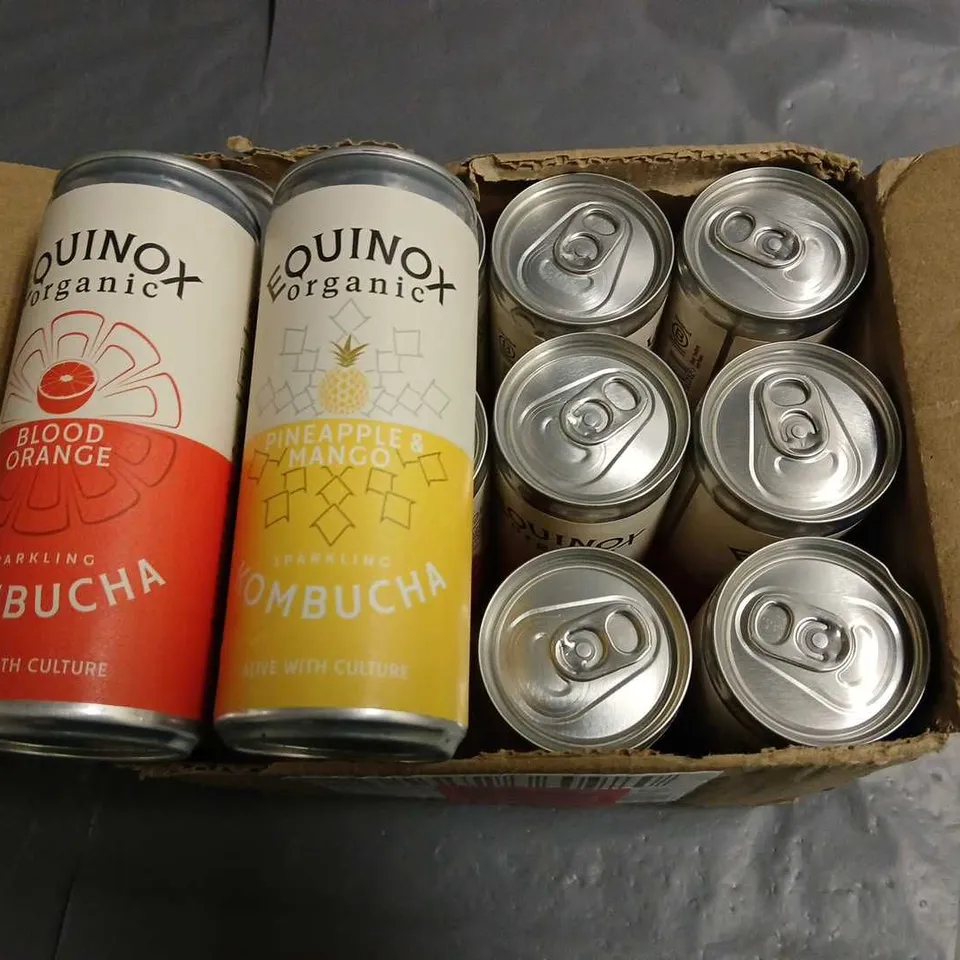 LOT OF 12 250ML CANS OF KOMBUCHA - BLOOD ORANGE AND PINEAPPLE & MANGO