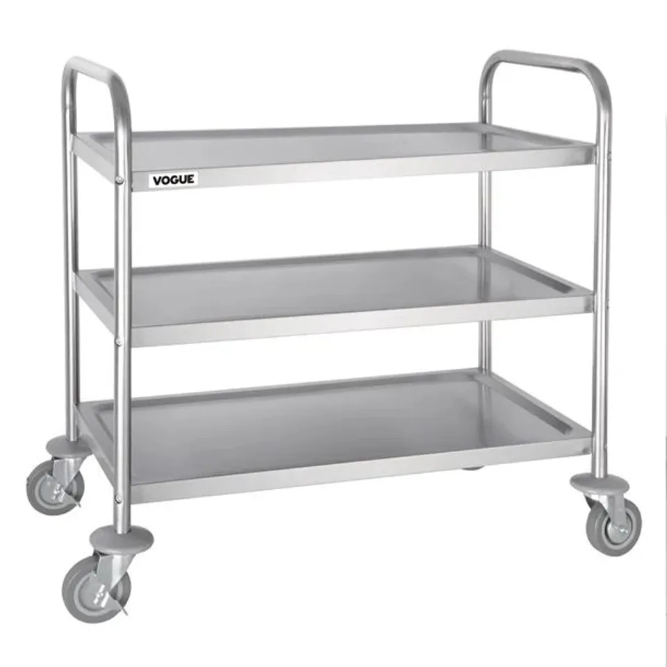 BOXED VOGUE STAINLESS STEEL 3 TIER CLEARING TROLLEY MEDIUM