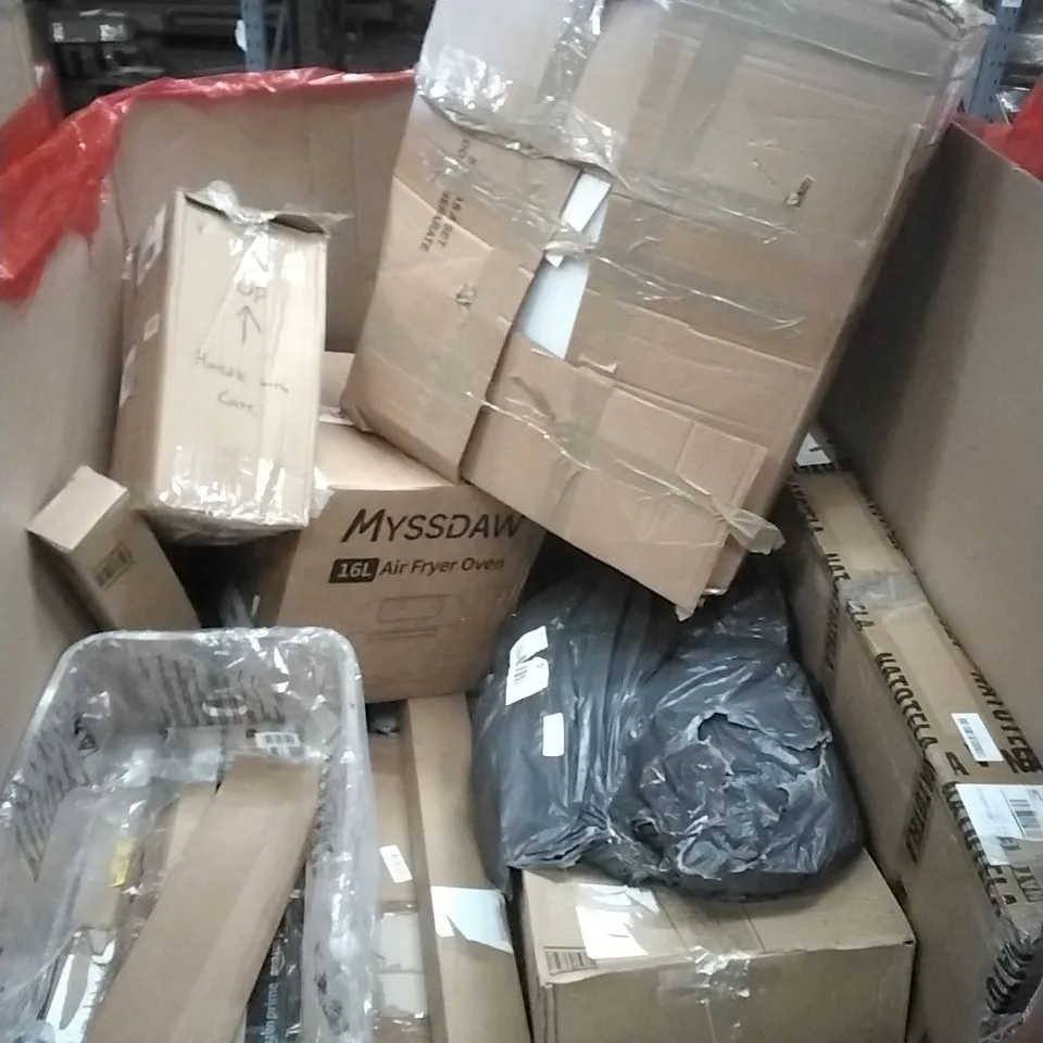 PALLET OF ASSORTED HOUSEHOLD GOODS AND PRODUCTS TO INCLUDE; AIR FRYER, BOXED FURNITURE ETC