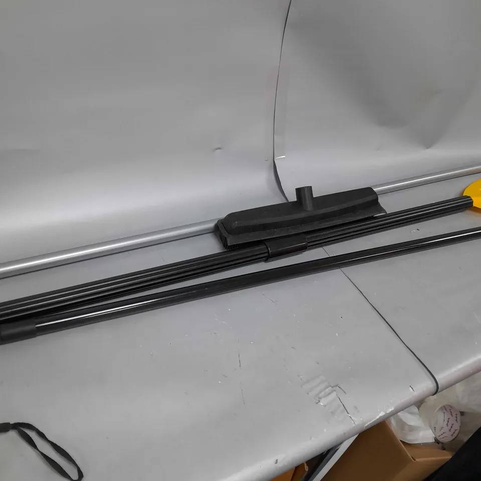 TWO METAL BRUSH HANDLES, RUBBER BRUSH HEAD & PADDLE