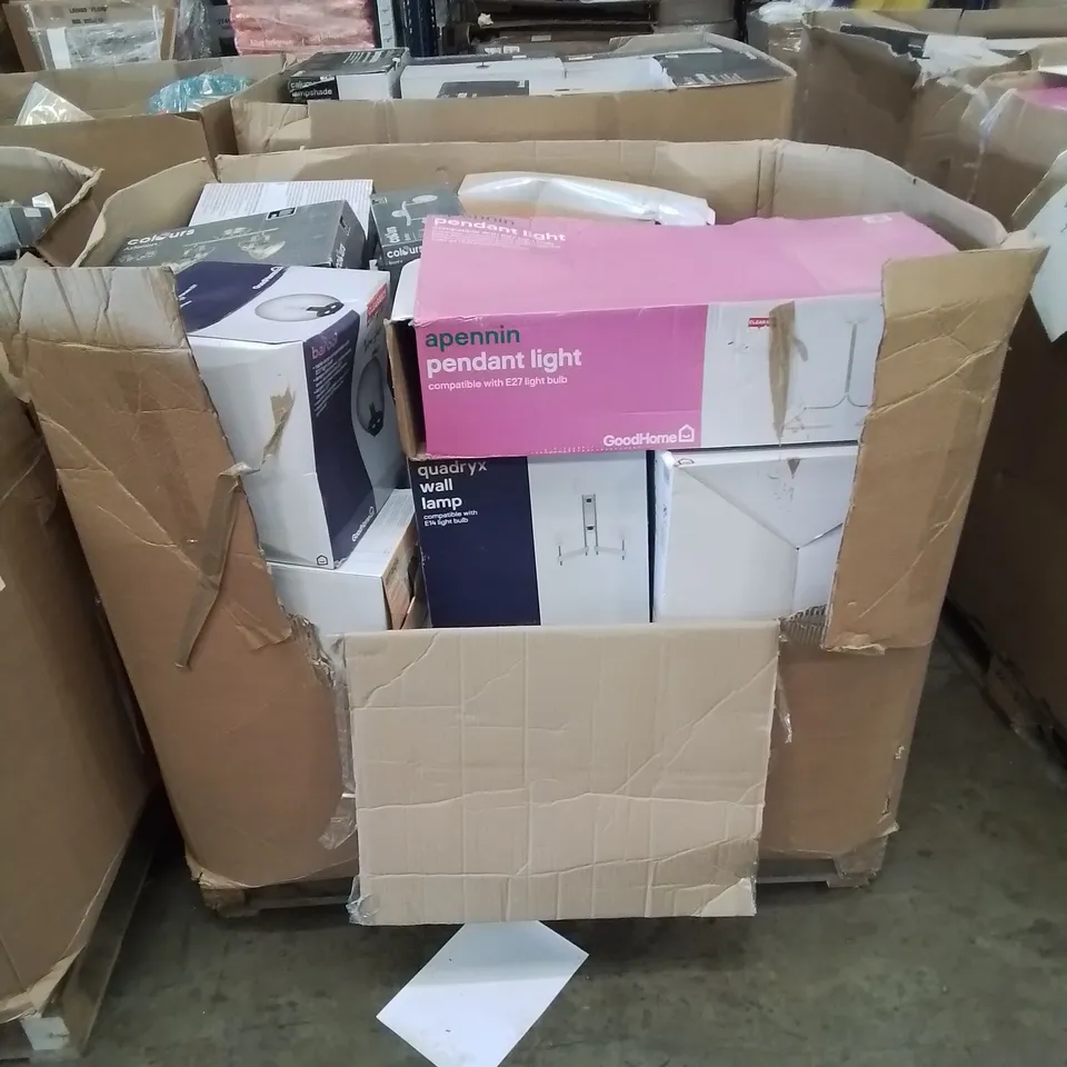 PALLET CONTAINING VARIOUS HOME ELECTRONICS LIGHTS AND FITTING ETC.