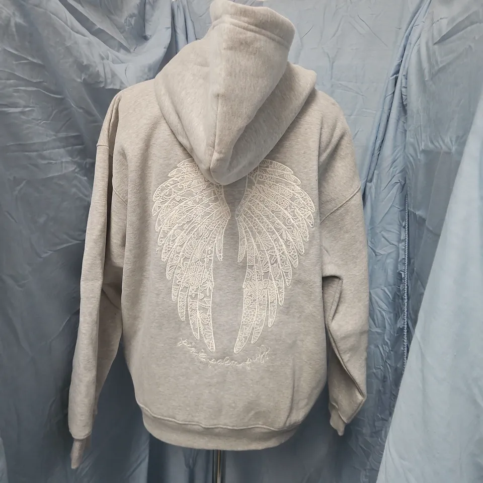 PINK PALM PUFF HOODIE – GREY WITH WING GRAPHIC, UK S