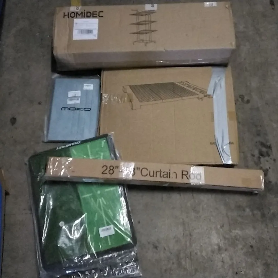 PALLET OF ASSORTED ITEMS INCLUDING 28"-48" CURTAIN ROD, HOMIDEC DRYING RACK, MOKO TABLET CASE, CHAMPKEY GOLF HITTING MATS, FEZIBO OFFICE CHAIR